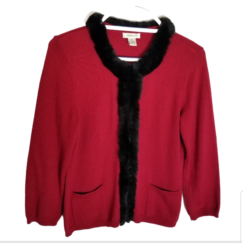 Harold's Cashmere Cotton Cardigan Women's Medium Hook Front Rabbit Trim Red